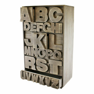 Grey wooden storage unit alphabet design