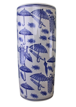 Cargar imagen en el visor de la galería, Umbrella stand, vintage blue &amp; white umbrella design
