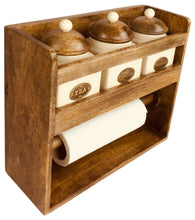 Cargar imagen en el visor de la galería, Wall mounted wooden storage cabinets kitchen roll holder 3  jars ceramic canister
