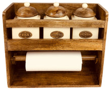 Lade das Bild in den Galerie-Viewer, Wall mounted wooden storage cabinets kitchen roll holder 3  jars ceramic canister

